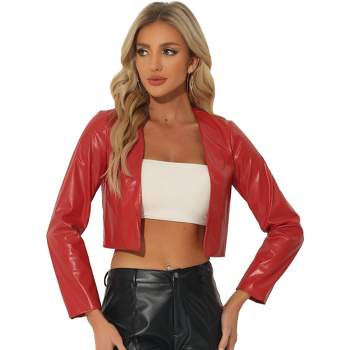 Allegra K Women's Faux Leather PU Long Sleeve Open Front Cropped Jacket