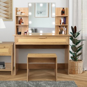 NicBex Vanity Desk with Mirror Vanity with Large Mirror, Modern Wood Cosmetic Table Set with 6 Open Shelves and 1 Stool for Bedroom - 1 of 4