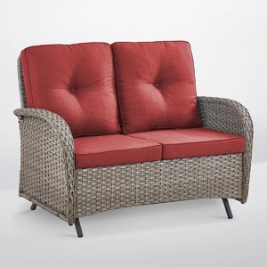 POCASSY 49.5" Wide Outdoor Glider Loveseat, All Weather Brown Wicker Rattan Patio Loveseat Glider for Porch Deck Garden - 1 of 4