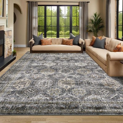 Vintage Distressed Area Rug - Washable Low Pile Stain Resistant Carpet with Non-Slip Backing for Bedroom, Living Room, Dining Room, Office