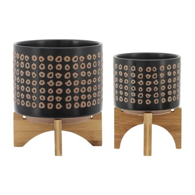 Modern Ceramic and Bamboo Planter Set, 8" x 11", in Rich Brown