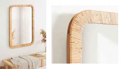 Natural Wood 26" Round Scalloped Rattan Mirror