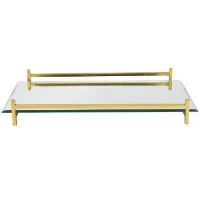 HomeRoots 16" Mirror and Gold Rectangular Glass Vanity Tray