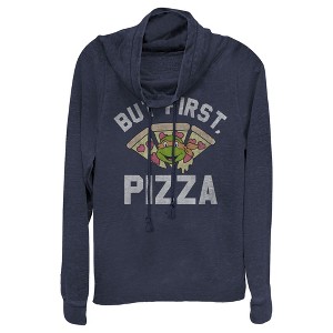 Juniors Womens Teenage Mutant Ninja Turtles But First Pizza Cowl Neck Sweatshirt - 1 of 4
