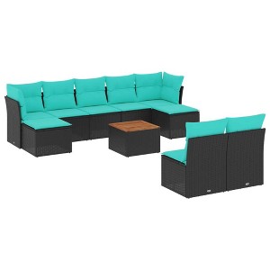 vidaXL 10 Piece Patio Sofa Set with Cushions Black and Blue Poly Rattan - 1 of 4