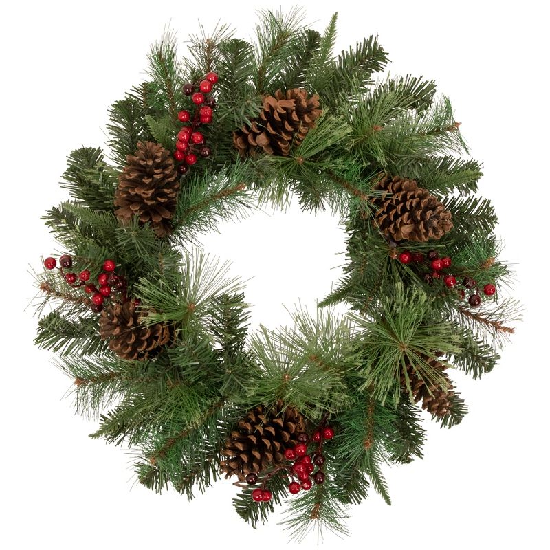 Northlight Pre-Lit Battery Operated Mixed Pine and Berries Christmas Wreath - 24" - Warm White LED Lights, 1 of 5