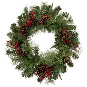 Northlight Pre-Lit Battery Operated Mixed Pine and Berries Christmas Wreath - 24" - Warm White LED Lights