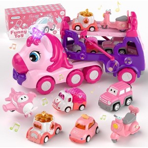 Princess Theme Carrier Truck Toy 7 in 1 with Lights Music for Toddlers 1-3 Years Pink Pink&red&purple - 1 of 4