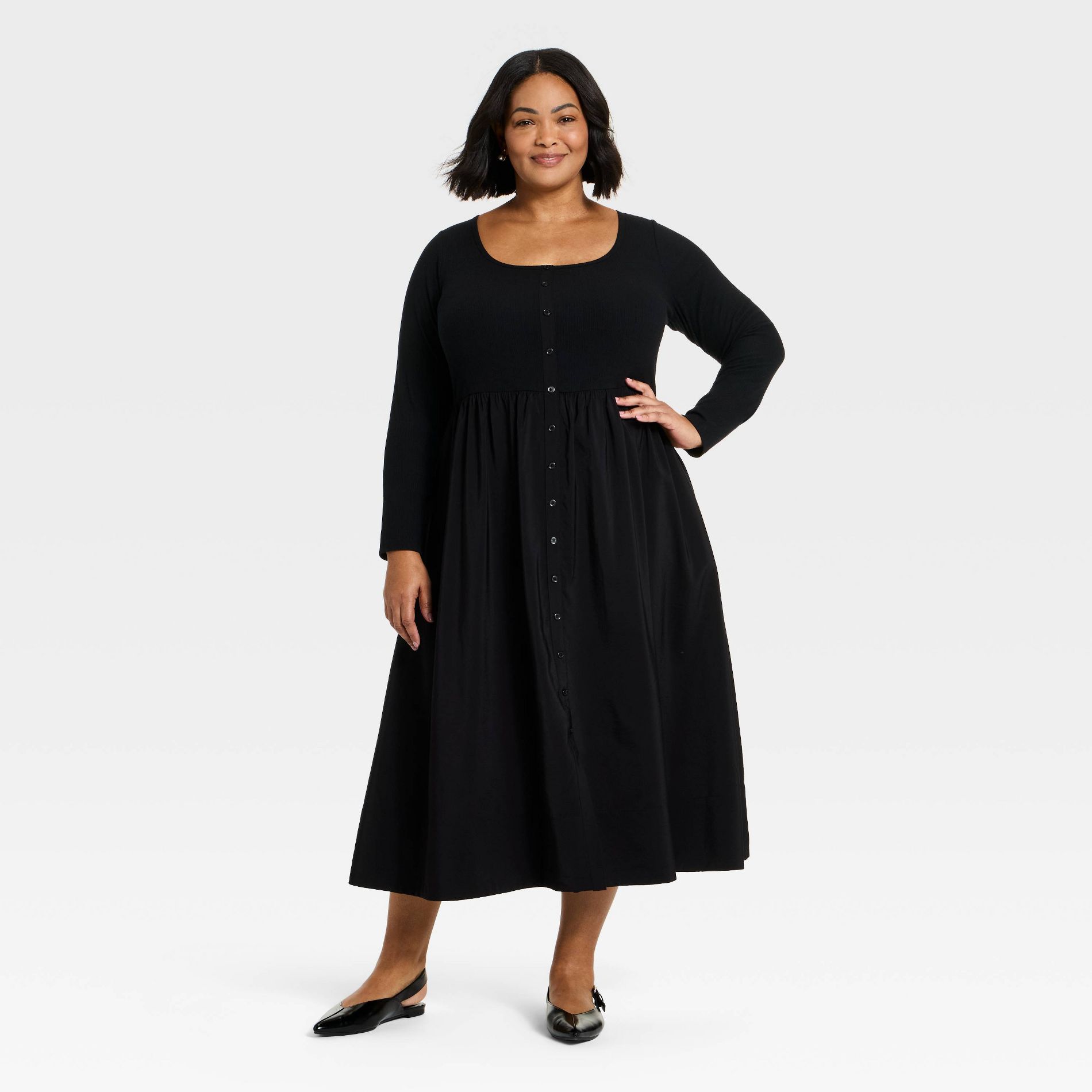 Women's Long Sleeve Button-Front Maxi Dress - Ava & Viv™ Black