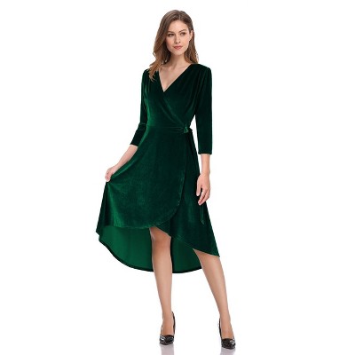 Formal Dresses for Women Velvet Gowns 3/4 Sleeve Evening Party Cocktail Dress, Split Elegant V Neck Wrap Ruffle Wedding Guest Dresses