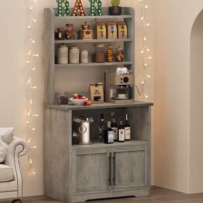 62.5" Tall Bakers Rack – Compact Microwave Oven Stand with Charging Station, Cabinet & Open Shelves