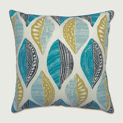 25" Leaf Block Outdoor/Indoor Floor Pillow Teal/Citron - Pillow Perfect: Weather-Resistant with Abstract Botanical Design