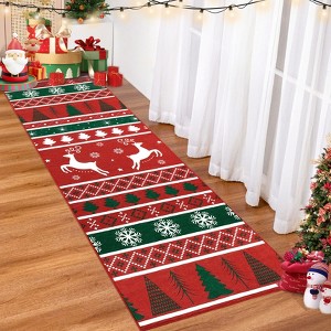 Christmas Area Rug Winter Christmas Tree and Snowflake Rug Cute Deer Non Slip Rug Washable Floor Cover for Living Room Bedroom,Red/2'x8' - 1 of 4