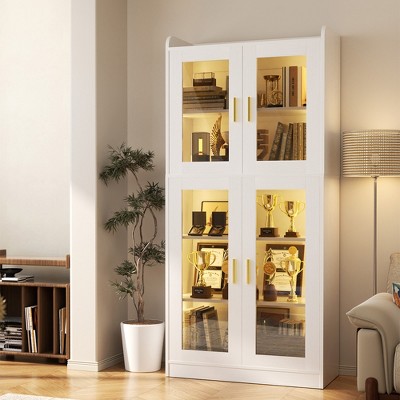 Aheaplus 67" Display Cabinet with Glass Doors, 5-Tier Tall Bookcase with Storage Shelves and LED Lights