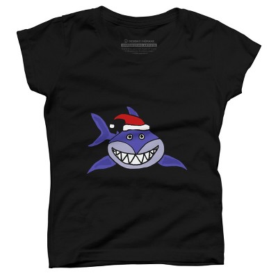 Girl's Design By Humans Funny Christmas Shark in Santa Hat By SmileToday T-Shirt