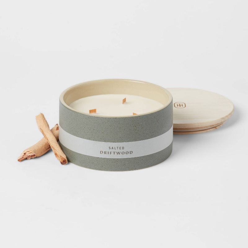 3-Wick 14oz Matte Textured Ceramic Wooden Wick Candle Gray/Salted Driftwood - Threshold&#8482;, 4 of 5