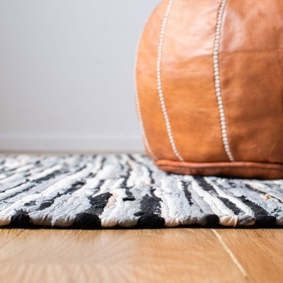 Handmade Black and White Striped Wool Cotton Rug 2' x 3'