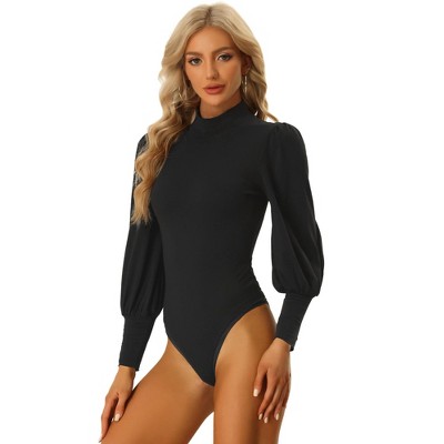 Allegra K Women's Mock Neck Puff Sleeve Long Sleeves T Shirts Tops Bodysuits