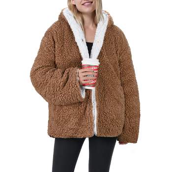 Tirrinia Teddy Bear Hooded Jacket Pullover for Women, Super Soft Cozy Fleece Reversible Casual Winter Blanket Jackets Hoodie Brown Cropped
