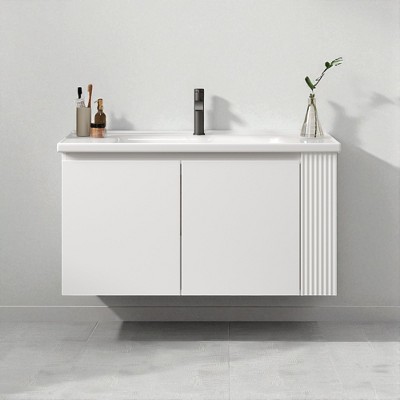 36" Wall-Mounted Bathroom Vanity with Sink – Modern Floating Vanity Cabinet with Open Side Shelves