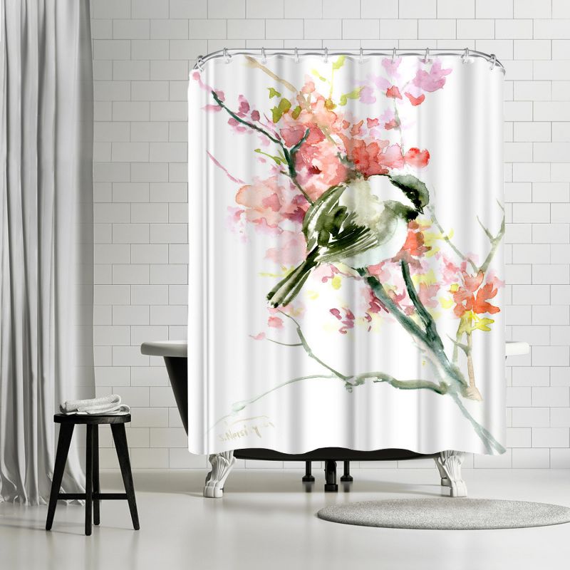 Americanflat 71" x 74" Shower Curtain, Spring And Chickadee by Suren Nersisyan, 1 of 9