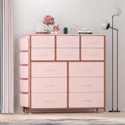 Dresser for Bedroom with 12 Drawers, 5 Side Pockets & 2 Hooks, Storage Drawer Organizer w/Metal Frame, Wooden Top