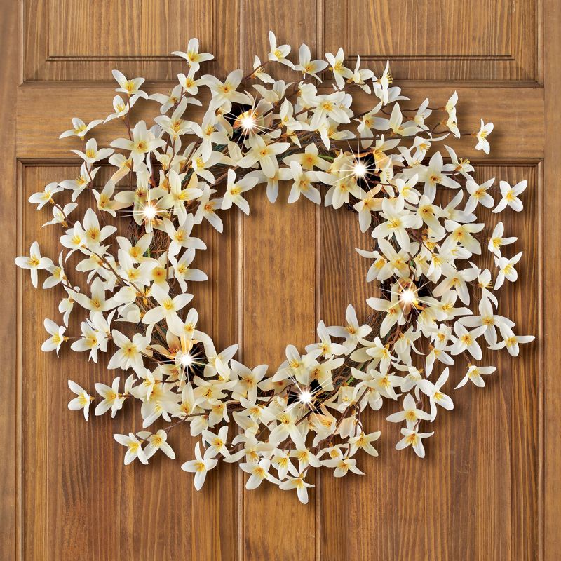 Collections Etc LED Lighted White Forsythia Hanging Wreath, 2 of 3