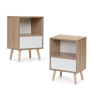 Vynxaria Mid-Century Modern Wood Nightstand Set of 2 - Drawer & Shelf, High-Density Particleboard, Splayed Pine Legs, Living Room/Bedroom/Office Use - 1 of 4
