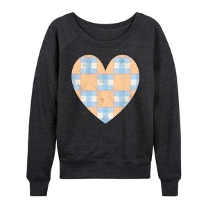 Women's - Instant Message - Patchwork Quilt Heart Lightweight French Terry Wide Neck Long Sleeve Graphic Shirt - 1 of 4
