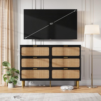 Large 6 Drawer Rattan Dresser – Handwoven Boho Style, Deep Wood Storage, Wide Top for Bedroom, Hallway, Living Room
