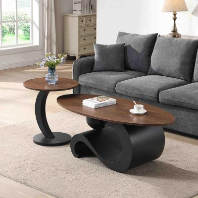 INFURNIC Coffee Tables White Nesting Coffee Table Set of 2 Oval and Round Design with Sturdy Metal Base for Living Room, Black, 30.91"*20.67"*19.17"