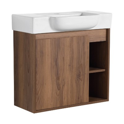 Vynxaria 24 in. Single Wall-Mounted Brown Ebony Plywood Bath Vanity with White Ceramic Top KD-PACKING Ready to Assemble