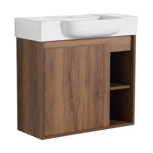 Vynxaria 24 in. Single Wall-Mounted Brown Ebony Plywood Bath Vanity with White Ceramic Top KD-PACKING Ready to Assemble - 1 of 4