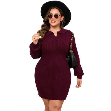 Coolmee Women Mini Fall Sweater Dresses Casual V Neck Knit Long Sleeve Fit Ribbed Pullover Jumper Sweaters Short Dress 4XL Wine Red