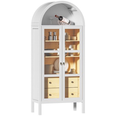 72" Tall  Modern Farmhouse Arched Cabinet with Glass Doors and Auto Sensor Light Arch Storage Cabinet with Height Adjustable Shelf and 2 Drawers-White