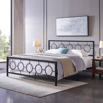 King Size Flat Black Iron Platform Bed Frame with Headboard