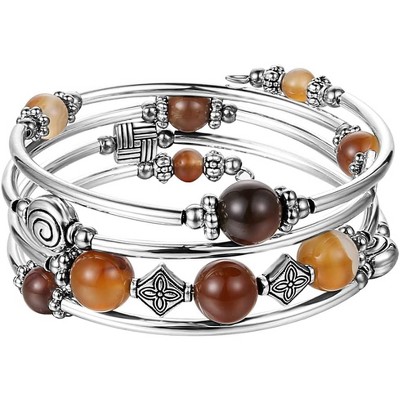 Beaded Pearl Bangle Wrap Bracelet with Thick Silver Metal Beads, Multilayer Bohemian Charm Jewelry for Women