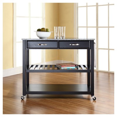 Black Granite Top Kitchen Cart with Wine Rack and Storage