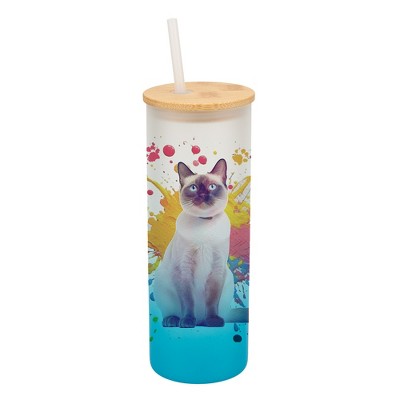 100 North 25 Ounce Frosted Glass Gradient Travel Tumbler With Straw & Wooden Lid, Siamese Cat Paint Splatter Sky Blue