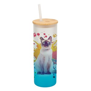 100 North 25 Ounce Frosted Glass Gradient Travel Tumbler With Straw & Wooden Lid, Siamese Cat Paint Splatter Sky Blue - 1 of 4