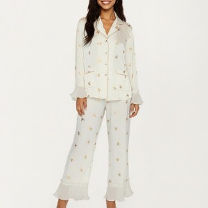 Anna-Kaci Lounge Women's 2-Piece Set Satin Pajama Top with Piping Detail and Ruffled Cuffs Paired with Matching Pants - 1 of 4