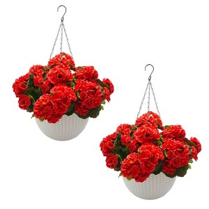 2 Set Artificial Outdoor Geraniums Flowers with White Basket,Hanging Flowers,12 Pcs Geraniums Flowers for Christmas,Front Porch,Garden,Patio Decor - 1 of 4