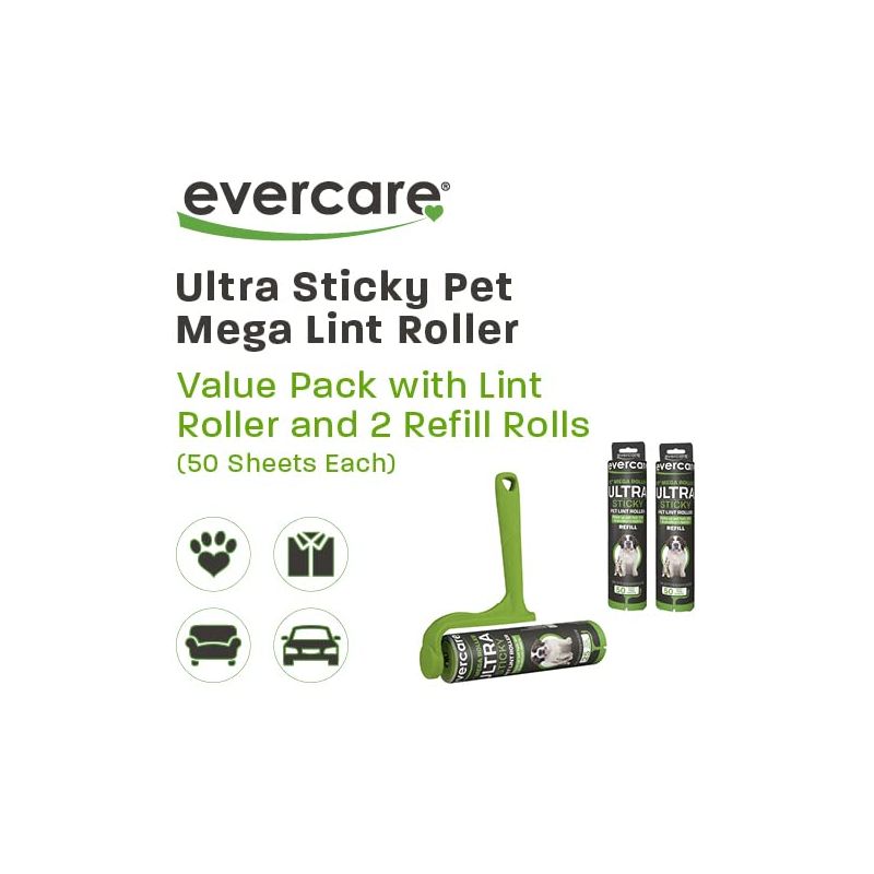 Evercare Ultra Sticky Pet Mega Lint Roller Value Pack with Lint Roller and 2 Refill Rolls, 50 Sheets Each,1 Pack, 1 of 7