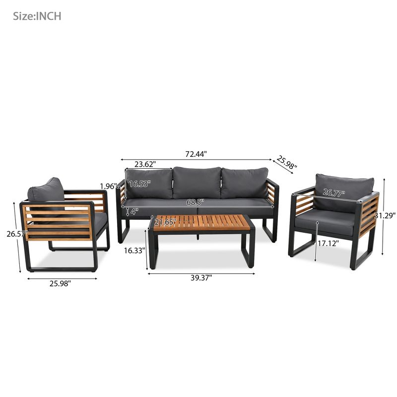 4pc Outdoor Patio Sectional Sofa Set, Metal Wood Conversation Set With Removable Cushion 4A, Gray -ModernLuxe, 3 of 13