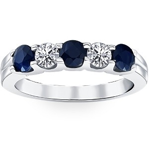 Pompeii3 1 Ct Blue Sapphire Diamond Five Stone Wedding Anniversary Ring 14K White Gold - 1 of 4