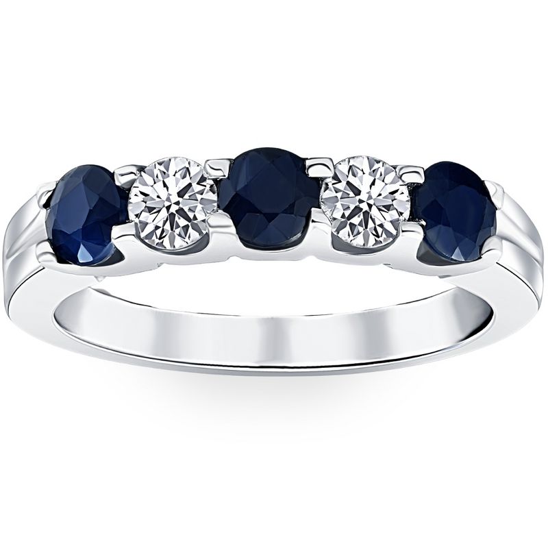 Pompeii3 1 Ct Blue Sapphire Diamond Five Stone Wedding Anniversary Ring 14K White Gold, 1 of 6