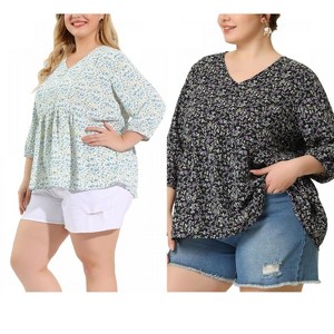 Women's Plus Size 2 Pieces V Neck Babydoll 3/4 Sleeve Pleat Floral Flowy Blouses - Agnes Orinda - 1 of 4