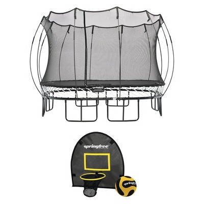 Springfree Trampoline Kids Outdoor Large Square 11 Foot Trampoline w/ Enclosure & Outdoor Jumping Basketball Game FlexrHoop Accessory, Black