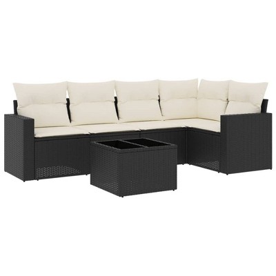 vidaXL 6 Piece Patio Sofa Set with Cushions Black and Cream Poly Rattan - With Table