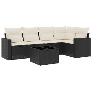 vidaXL 6 Piece Patio Sofa Set with Cushions Black and Cream Poly Rattan - With Table - 1 of 4